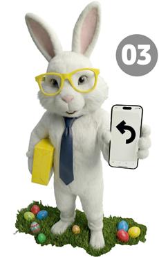Ein stehender kostümierter Osterhase hält mit seiner linken Hand ein Handy. Darauf zu sehen ist ein umkehrender Pfeil. In seiner rechten Hand ist ein Paket.