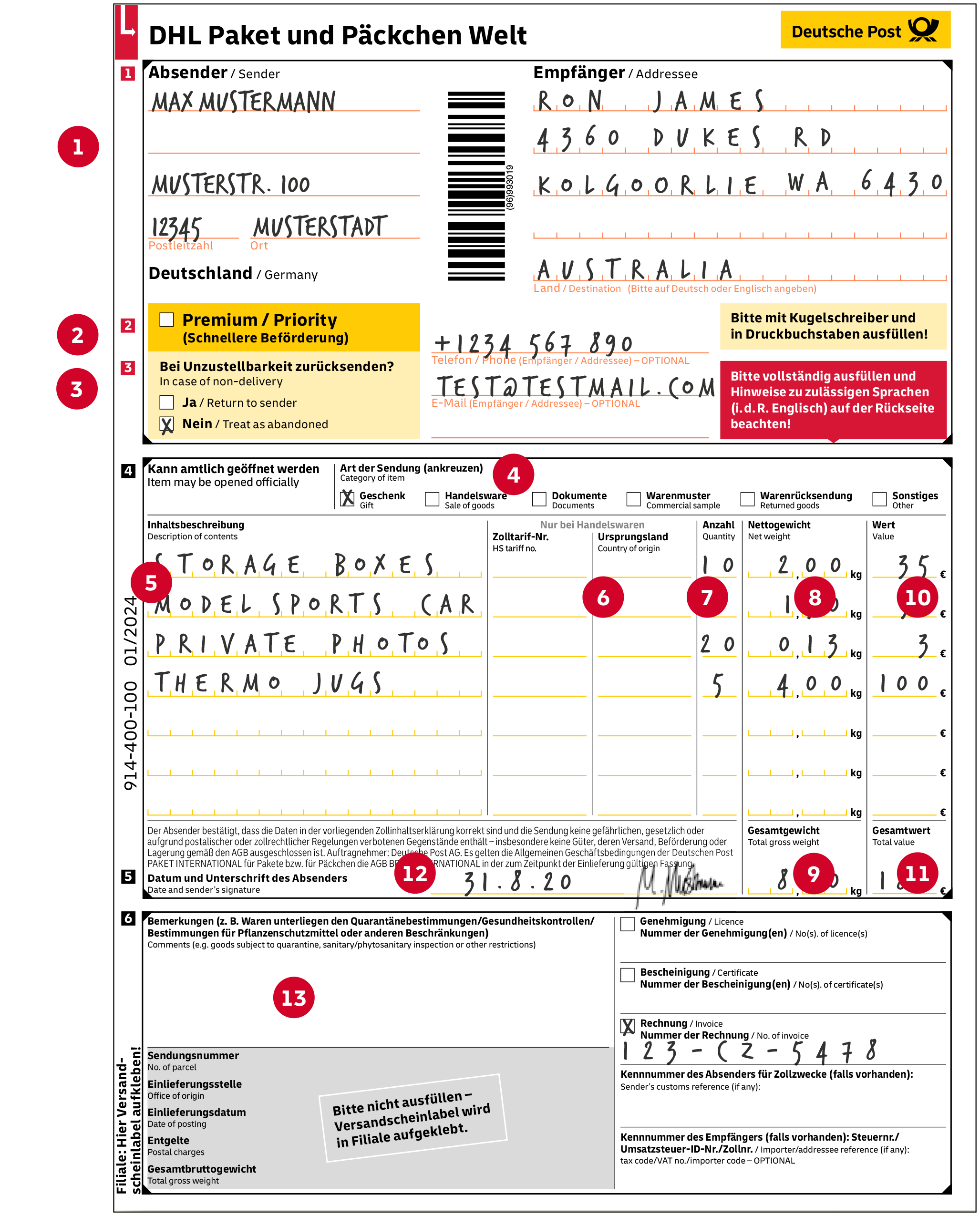 Tips for filling out the Paket and Päckchen Welt dispatch note