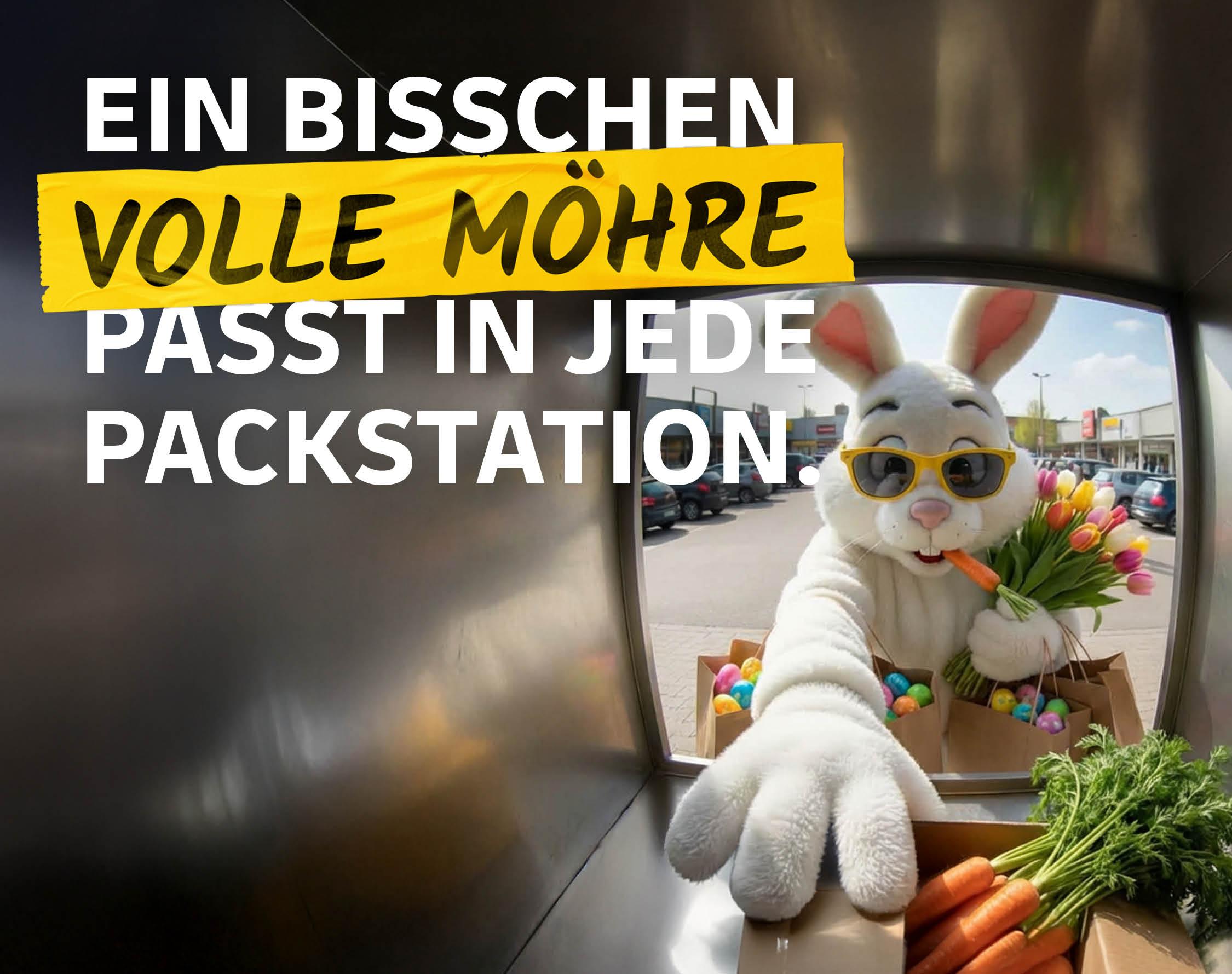 Ein cooler Osterhase mit Sonnenbrille schaut in das Fach einer Packstation. Im Arm trägt er Einkäufe und Tulpen. Mit der anderen Hand nimmt er einen Bund Möhren aus der Packstation. Schriftzug: Ein bisschen Volle Möhre passt in jedes Paket.
