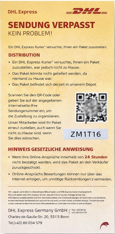 Beispiel einer gefälschten Benachrichtigungskarte